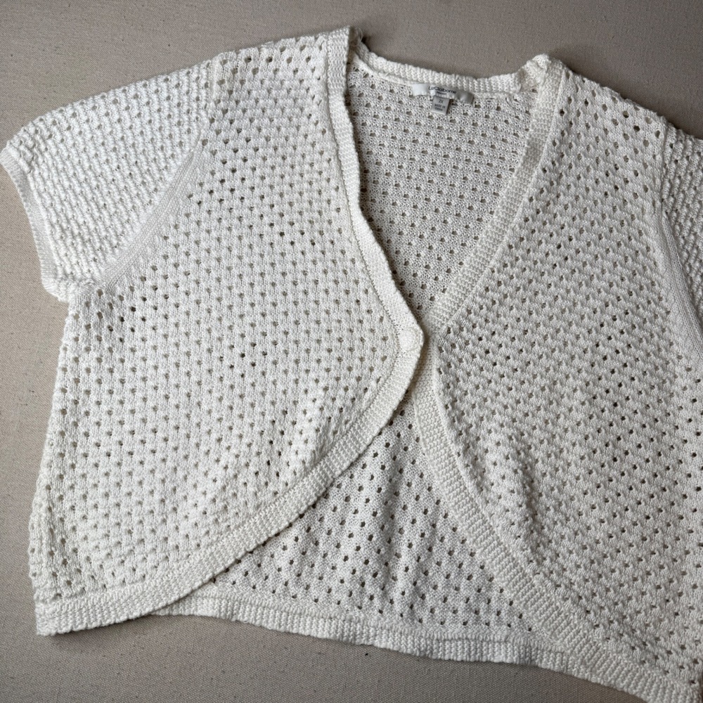 Liz Claiborne Womens 2X Cream White Pointelle Knit Short Sleeve Shrug Cardigan
